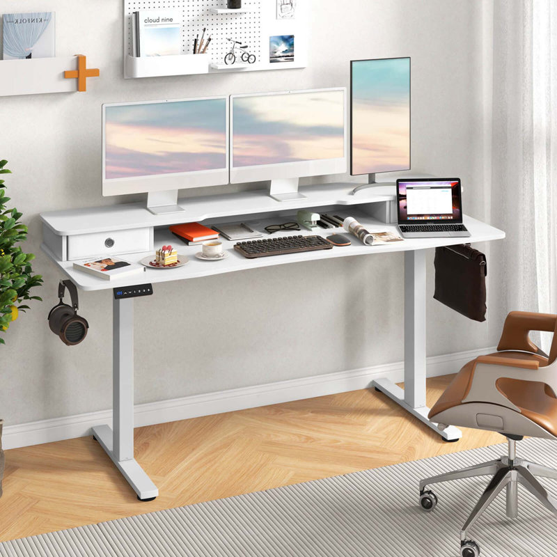 63" x 24" Electric Standing Desk with 2 Drawers Monitor Stand Storage Shelf, White