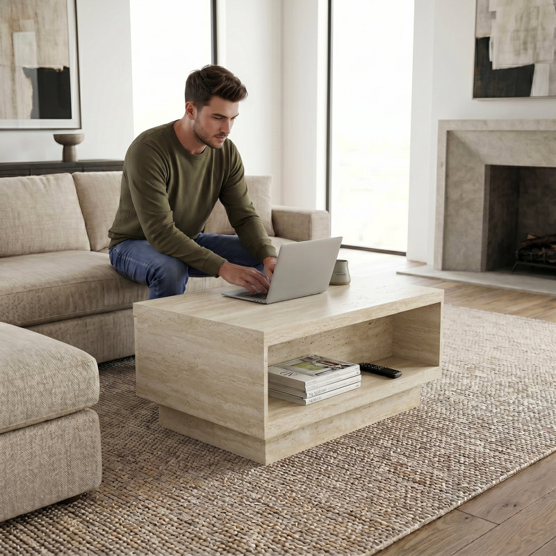 Caomhan 31.3" Modern Storage Coffee Table With Drawer, Travertine