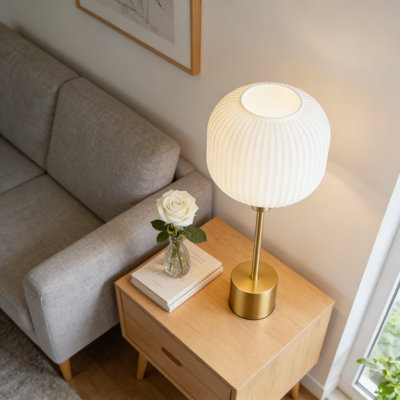 Modern Table Lamp With Ribbed Glass Shade, 3-Way Dimmable Touch Control Nightstand Lamp For Bedroom And Living Room, Includes Warm White LED Bulb