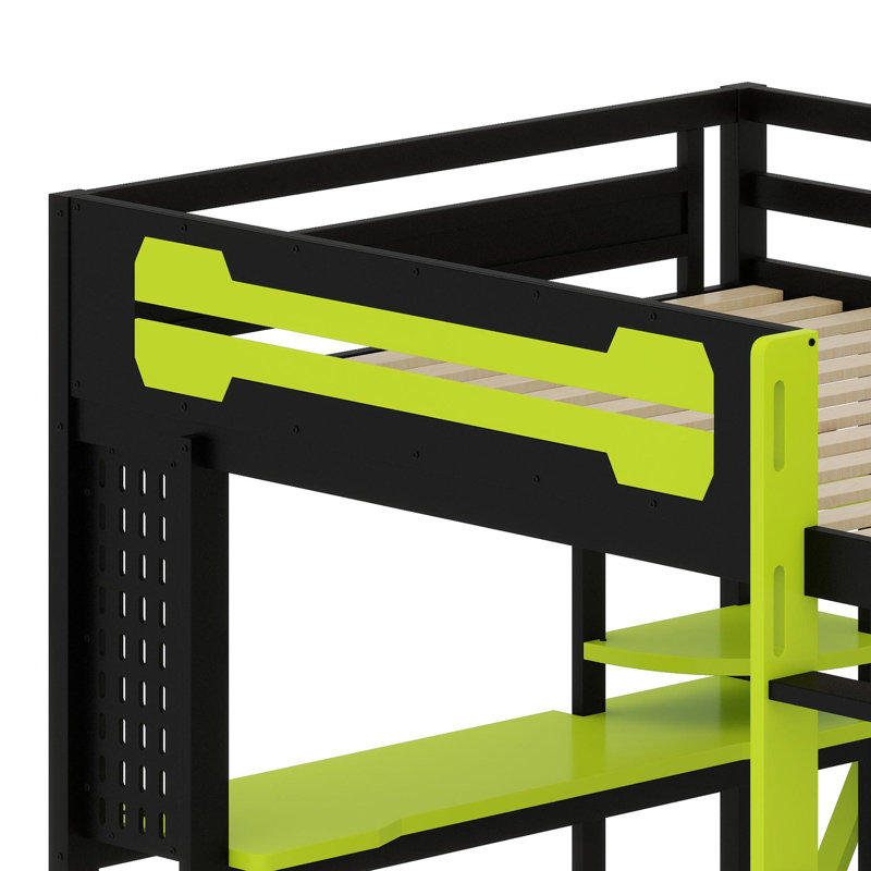 All-in-One Loft Bed System with Desk, Storage, Fast Charging & Customizable RGB Lights, Black+Green