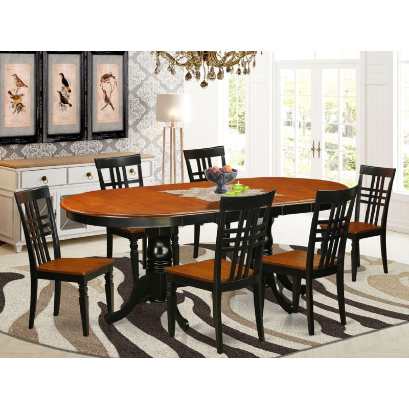 7 Piece Dining Table Set Consist of an Oval Dining Room Table with Butterfly Leaf and 6 Wooden Seat Chairs, Black & Cherry