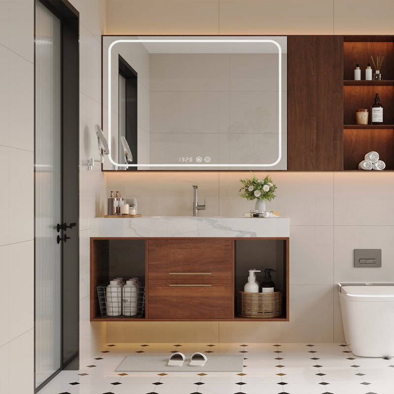Meuble-lavabo flottant avec lavabo en céramique, conception murale et deux tiroirs à fermeture en douceur pour une élégance moderne.