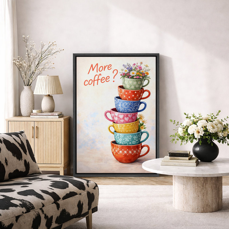 Colourful Stacked Teacups Coffee Quote Artwork, Kitchen Pictures, Framed Canvas Giclee Print Wall Art, 36" H x 24" W x 1.5" D