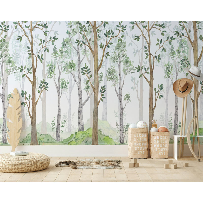 Watercolor Forest Wall Mural Green Trees Wallpaper, 105.96" L x 187" W