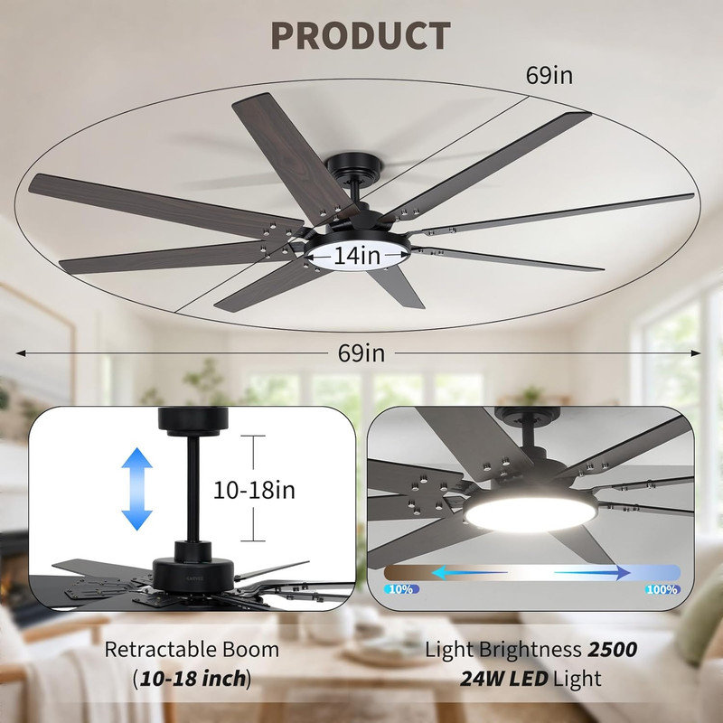 72" Smart Ceiling Fan with Lights – 8 Blades, App/Alexa Control, Adjustable Color Temp, for Indoor/Outdoor, Black