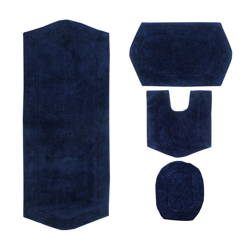 Waterford 4 Piece Bath Mat Set with Lid Cover, Quick Dry, Machine Washable Rugs, Absorbent, Navy