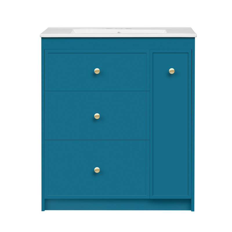 Meuble-lavabo 30 po avec lavabo en céramique, meuble-lavabo simple autoportant avec quatre tiroirs, meuble de rangement moderne pour la salle de bain, idéal pour la maison