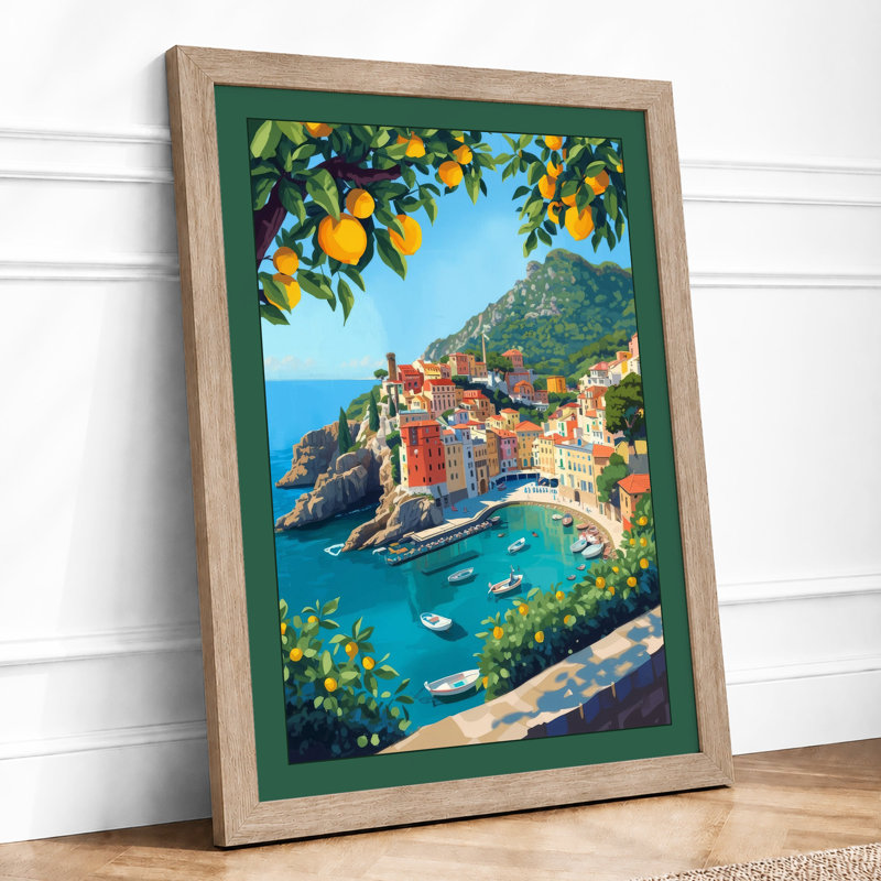 Cliffside Village Charm Retro - Framed Print, A2 - 59.4 x 42.0 cm, Oak