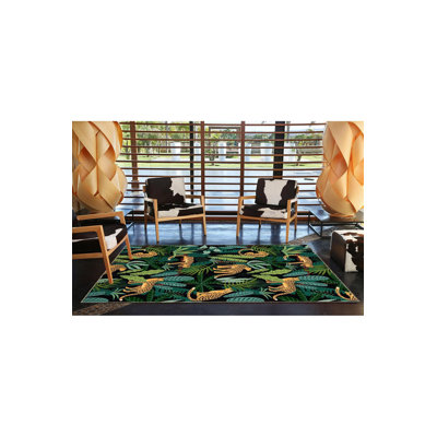 Black Themed Leopard and Tree Patterned Modern Decorative Rug