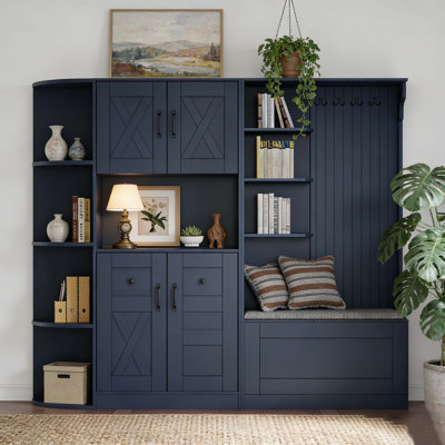 Multifunctional 2-In-1 Hall Tree & Storage Cabinet, Left-Right Combination Entryway Cabinet With 4 Hooks, Shoe Storage Bench & Open Shelves, Freestanding Hall Cabinet For Living Room, Kitchen, Hallway, Antique Blue