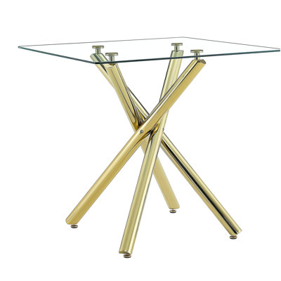 Modern Gold Bar Table with Tempered Glass Top, Sturdy Cross Metal Legs Pub Table for Home Bar, Kitchen Island, Living Room