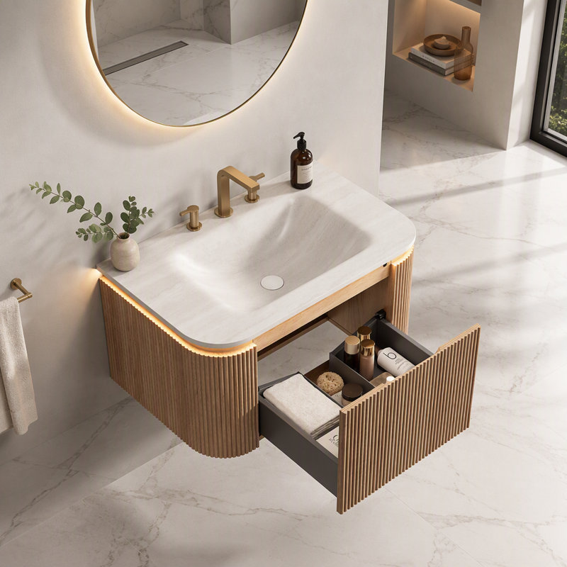 Meuble-lavabo de 76 cm avec lavabo intégré, bord incurvé et tiroir, éclairage à détecteur de mouvement, lavabo intégré en pierre frittée cintré à chaud, préassemblé, couleur bois naturel.