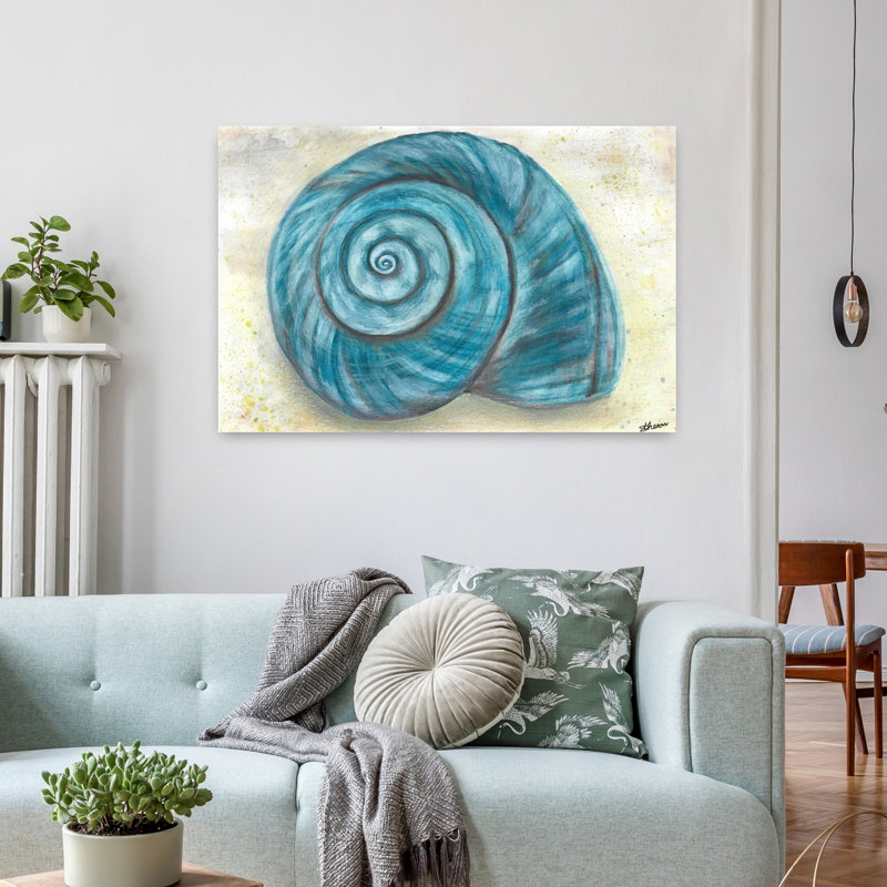 «Blue Spiral Shell», art mural côtier abstrait, H 24 po x l 36 po