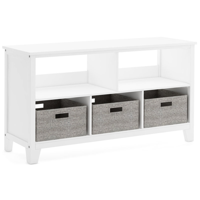 Creamy White Wooden Kids' Low Bookcase with Fabric Bins