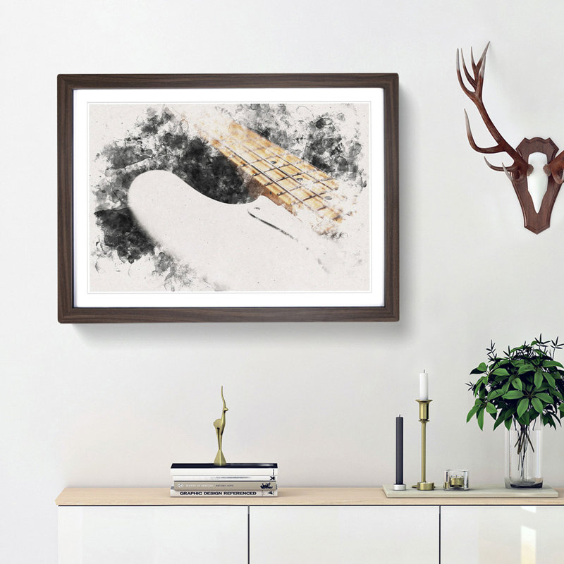 Strings of a White Bass Guitar - Picture Frame Graphic Art Print, 62cm H x 87cm W x 2cm D, Walnut Framed