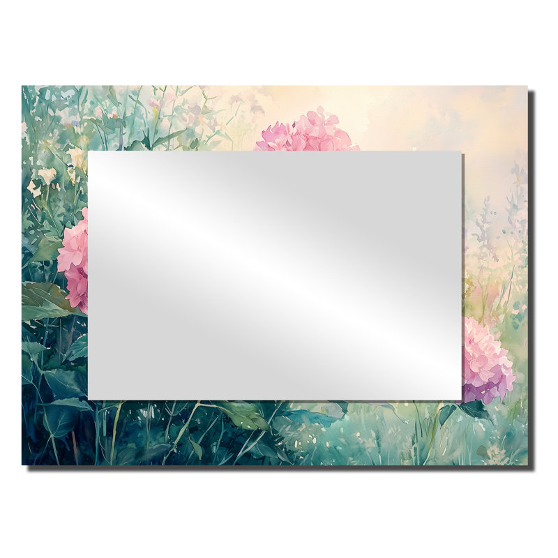 Hortensias dans un pré d'été I - Art mural miroir floral - imprimé sur métal, 24 po x 32 po