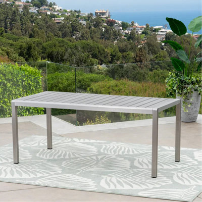 Table de salle à manger d'extérieur en aluminium avec plateau en faux bois, finition grise, gris