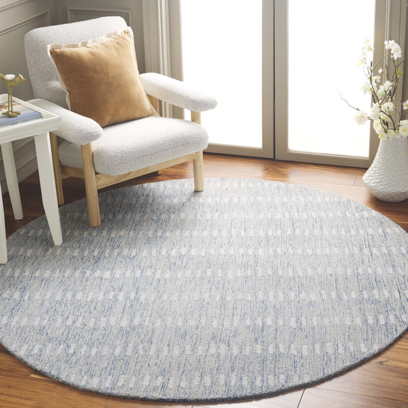 Tapis ivoire / bleu en laine / chenil / coton touffeté à la main Vrooman, Rond 6 po