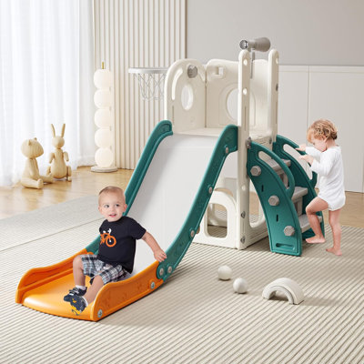 Toddler Slide Kids Climber Slides Baby Slider for Toddler Age 1-3,L Shaped Indoor Outdoor Playground Playset with Basketball Hoop, Storage, Telescope