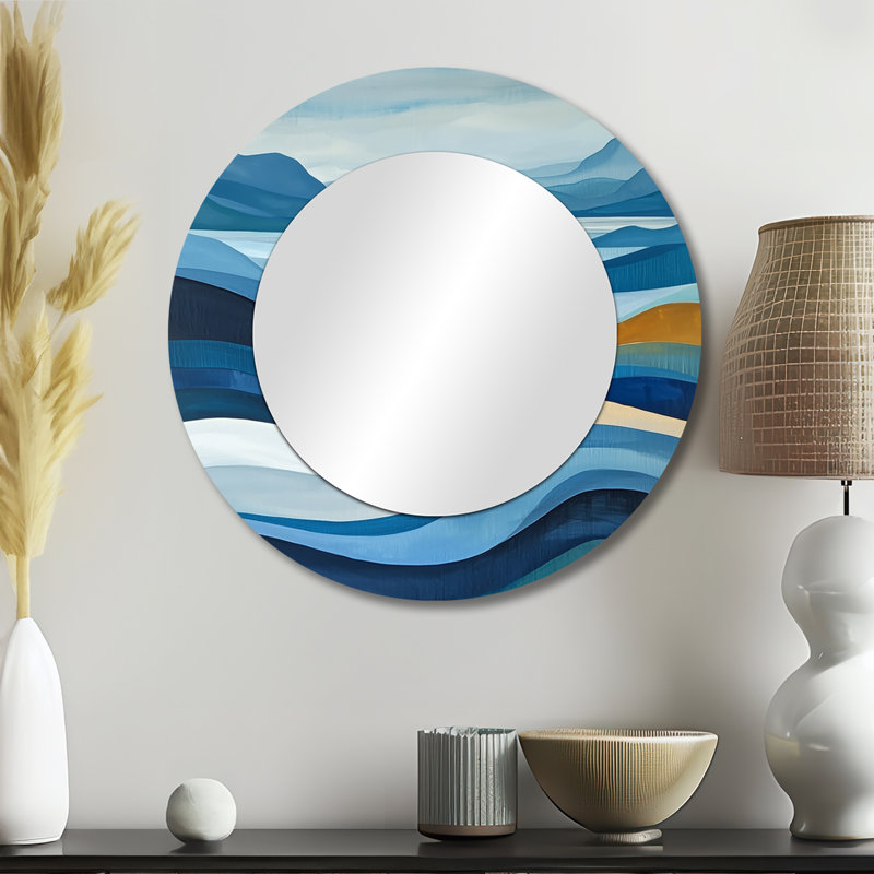 «Blue Ethereal Coastal Horizon I» - art mural abstrait avec miroir de paysage - imprimé sur métal, 23 po x 23 po