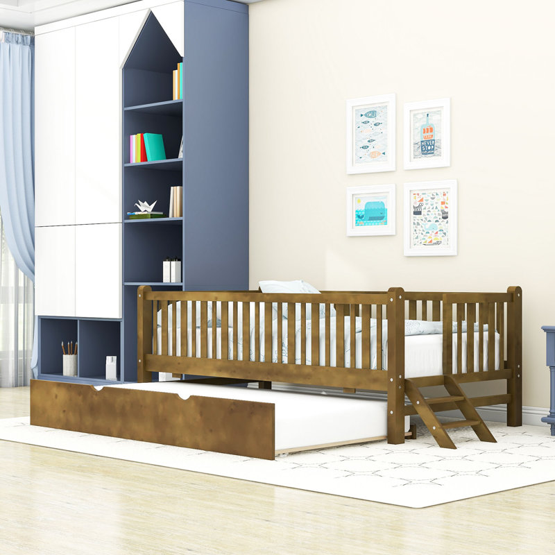 Twin Size Loft Bed With Guardrail And Twin Trundle, Walnut