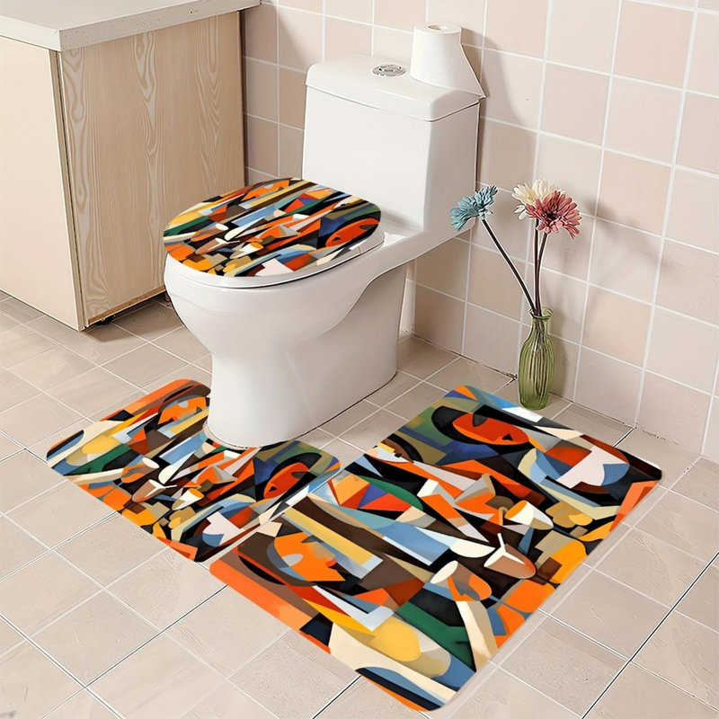 Collection de tapis de salle de bain cubique à motif abstrait 3 pièces multicolore