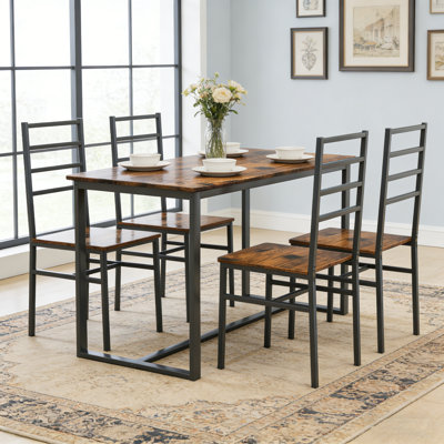 Modern 5-Piece Metal And Wood Dining Set - Table With 4 Matching Chairs
