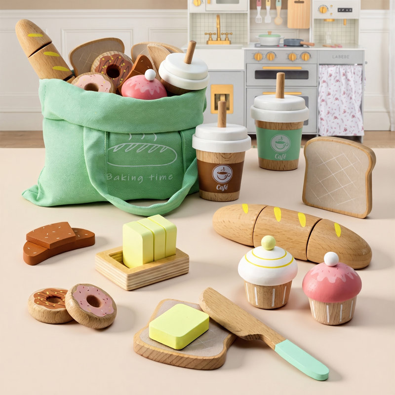 17-Piece Wooden Bakery Food Playset with Pastries, Coffee and Shopping Bag for Pretend Kitchen and Cafe Play