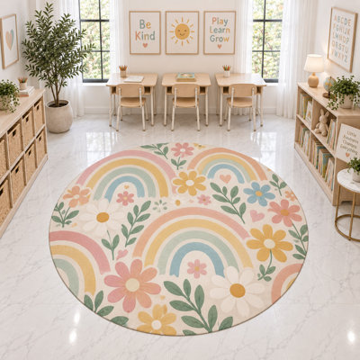 "Ultra Thin" 6' x 6' Pastel Rainbow Floral Round Area Rug, Soft Low Pile Indoor Rug with Non-Slip Silicone Backing, Kids Room Playroom Nursery Decor