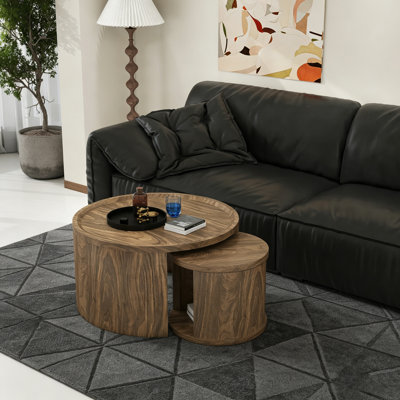 Round Nesting Coffee Table Set Of 2 Modern Low Tables, 31.5" Big 18" Small Stacking Side Table With Wood Top, Minimalist Center Table For Living Room