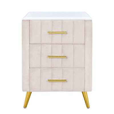 Upholstered Nightstand with 3 Drawers, Metal Legs & Handles, Marble-Top Bedside Table for Bedroom or Living Room - Beige