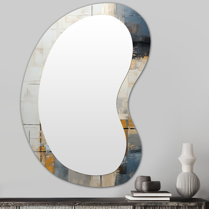 Eriann Abstract Beige Gold Road Collage II - Abstract Collages Unique Shape Decorative Mirror, Modern Asymmetrical Wall Mirror, Printed Metal Art