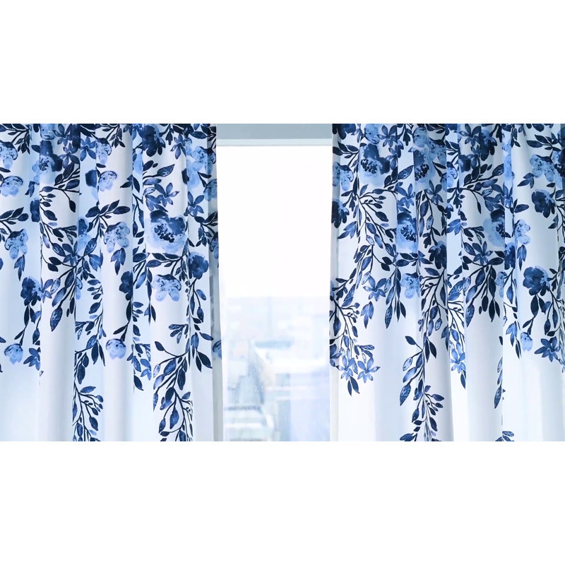 Navy and White Floral Blackout Polyester Curtain Panels