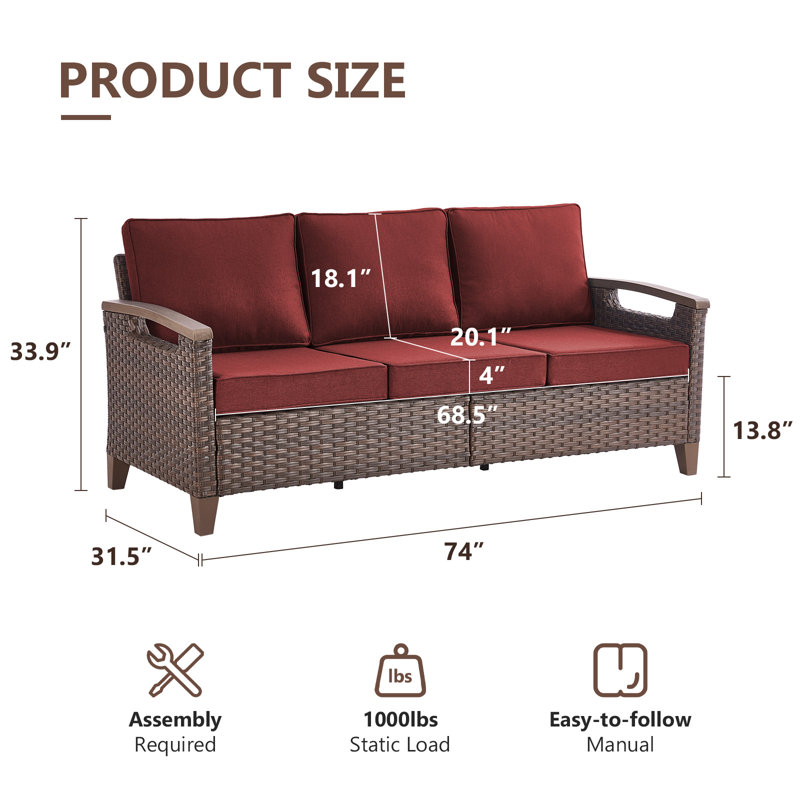Canapé d'extérieur 3 places de 74 pouces, résistant et durable, avec coussins en tissu oléfine imperméable, Rouge