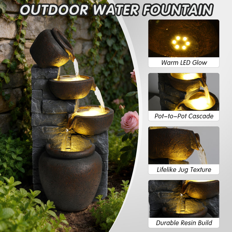 Outdoor Water Fountain with Lights 4 Tier Cascading Pots Resin Stone Look Garden Waterfall Fountain for Patio Yard Porch Landscape
