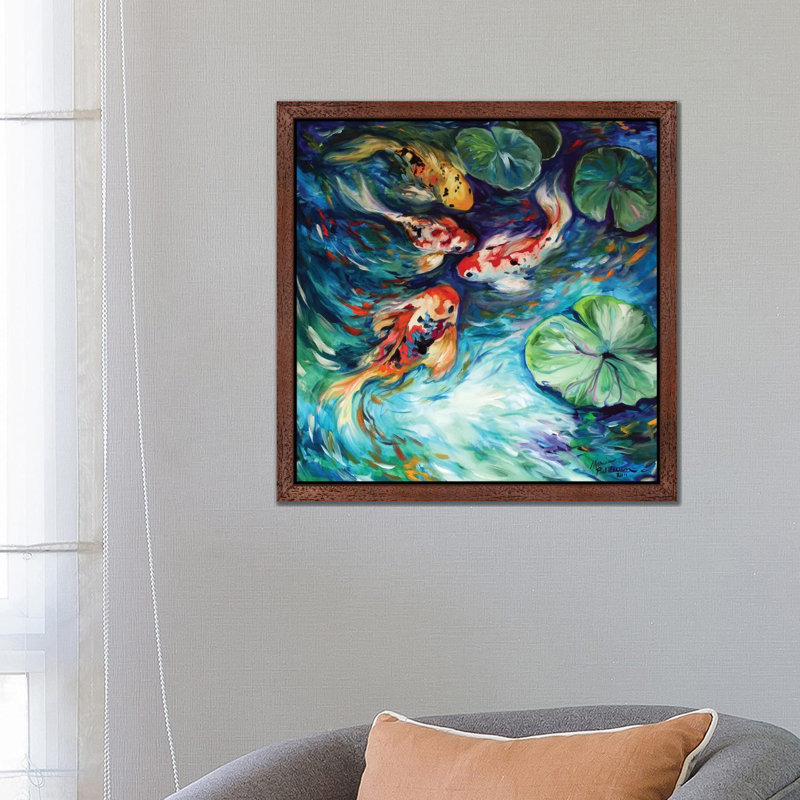 Dancing Colors Koi by Marcia Baldwin - Painting on Canvas, 66.04 cm H x 66.04 cm W, Brown Framed