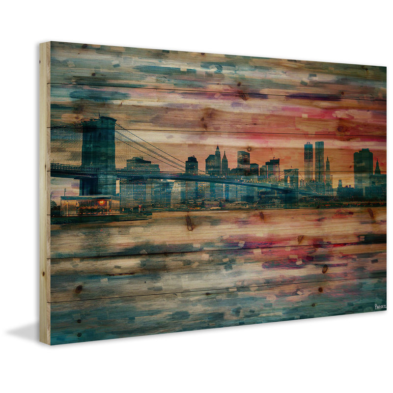 Pont au crépuscule, peinture par Parvez Taj - reproduction sur bois, H 8 po x l 12 po x P 1,5 po
