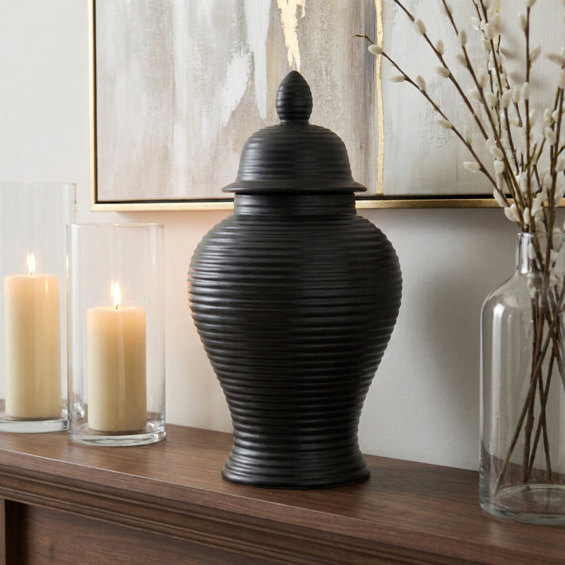 Pot décoratif en céramique avec couvercle Ellport, H 18 po x l 9 po x P 9 po, Noir