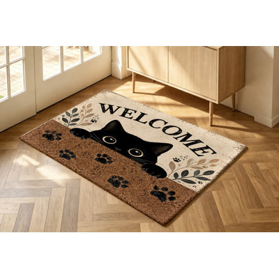 Tapis de sol décoratif en velours antidérapant avec motif de pattes de chaton noir, idéal pour l'entrée, la terrasse, le salon, la cuisine ou un appartement.
