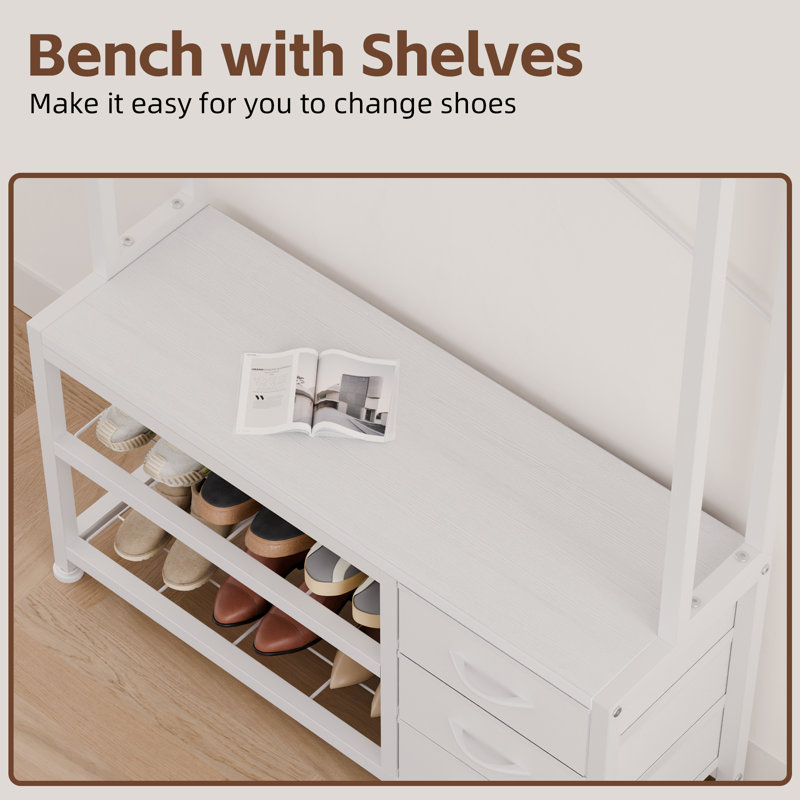 White Industrial Hall Tree with Bench, Hooks, and Storage Drawers