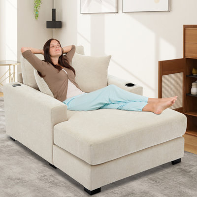 Chaise longue canapé-lit avec accoudoirs, station de charge, porte-gobelets et coussins décoratifs