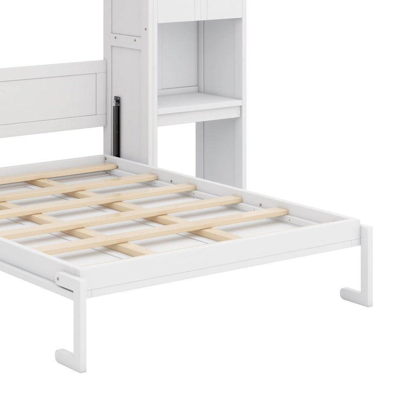 Grand lit escamotable intégré avec bureau, coiffeuse et armoires de rangement, Blanc