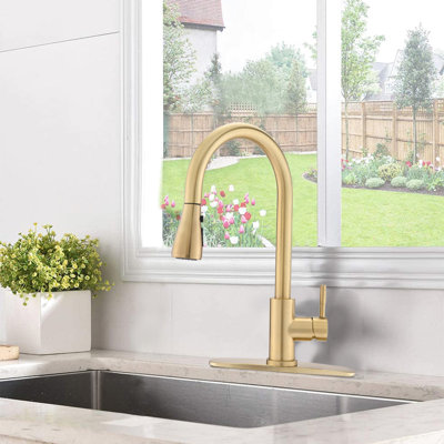 Pull Down Kitchen Faucet, Stainless Steel, Brushed Gold Finish, 8.66" Spout Reach, , 1.8Gpm Flow Steel Spot , Pause Button, Rate, Reach