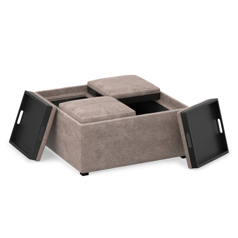 Avalon 35"W Upholstered Distressed Vegan Leather Modern Square Coffee Table Storage Ottoman with 4 Trays, Black