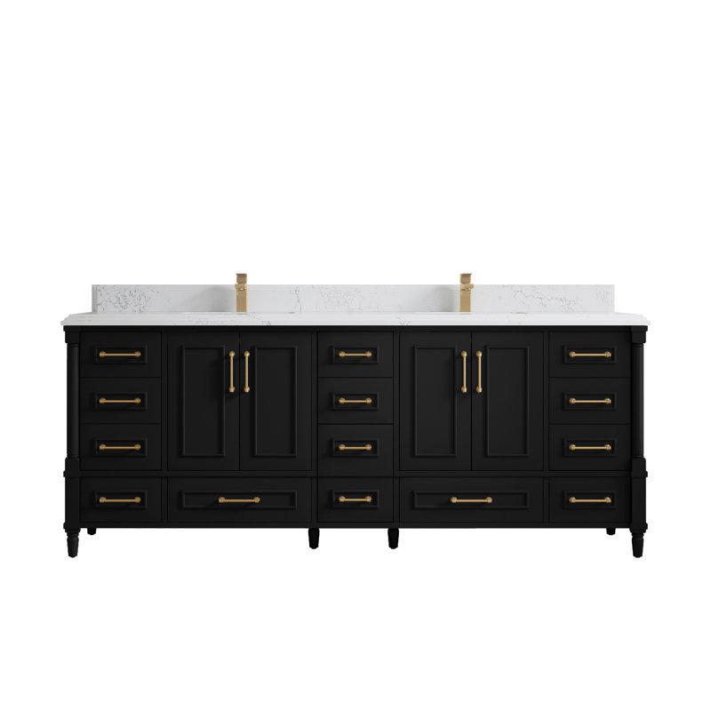 Meuble-lavabo double 84 po avec plateau en quartz Bronya, Calacatta Laza, Bitume