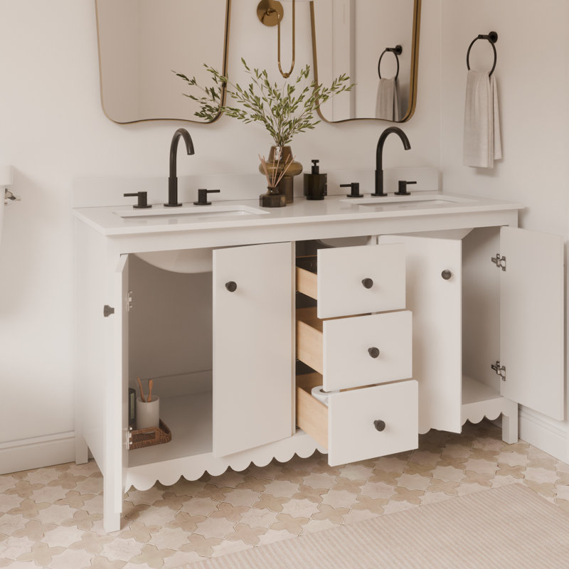Meuble-lavabo à double cuve festonné 60 po - blanc - sans comptoir - boutons noirs, Blanc, Noir mat