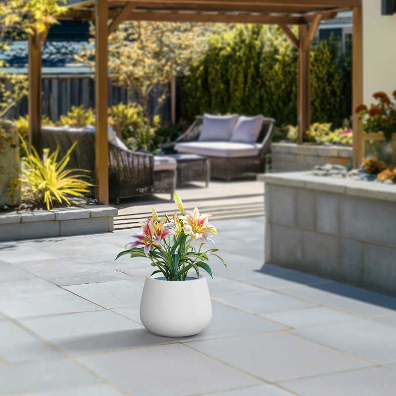 Small Concrete Round Planter / Pot With Drainage Holes, Crisp White (Upgraded Interior), 9.84" H x 12.6" W x 12.6" D
