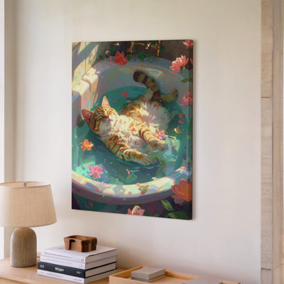 Canvas Wall Art A Cat Is Peacefully Lounging In A Bathtub Filled With Water And Surrounded By Floating Premium Quality Ready To Hang