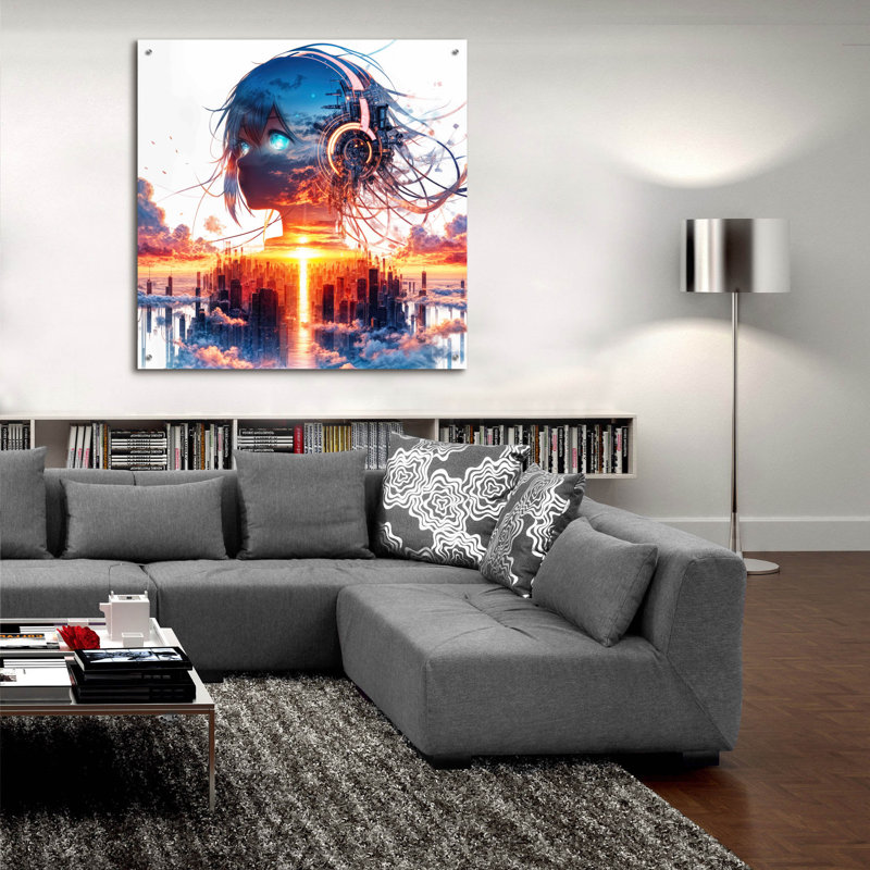Art mural en verre acrylique 36 po x 36 po «Art Girl - City Sunrise» par Rey Klimt, H 36 po x l 36 po