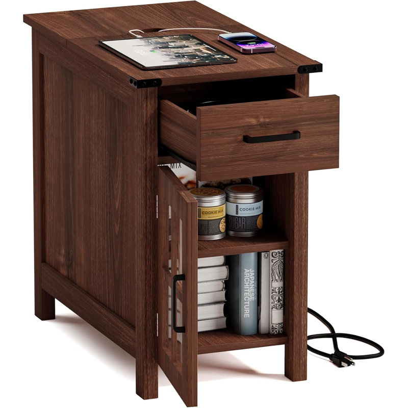 Farmhouse End Table With Charging Station, Narrow Side Table For Living Room, Sofa Side Table With Drawer And Storage Cabinet, Small Nightstand For Bedroom, Home Office